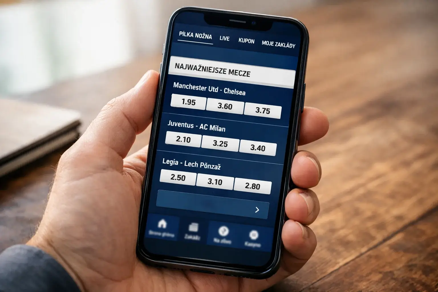 Ekran aplikacji mobilnej z szeroką ofertą zakładów sportowych
