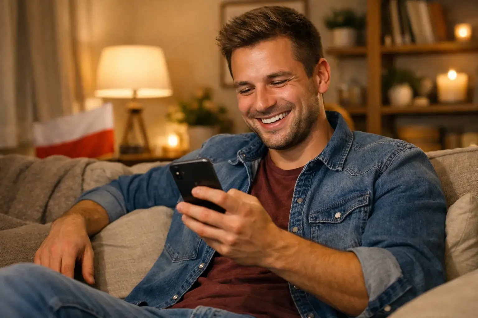 Mężczyzna z uśmiechem sprawdzający wygraną na telefonie
